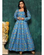 Blue Digital Printed Readymade Cotton Gown