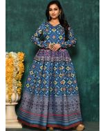 Blue Digital Printed Readymade Chanderi Gown