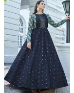 Blue Sequins Embroidered Readymade Jacket Style Gown