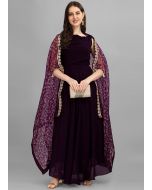 Purple Readymade Plain Gown With Dupatta