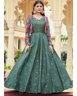 Green Sequined Cotton Readyamde Gown With Jacket