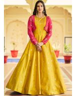 Yellow Embroidered Readyamde Jacket Style Gown In Cotton