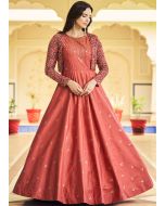 Peach Embroidered Readyamde Jacket Style Gown In Cotton