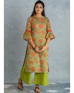 Green Floral Block Printed Bell Sleeved Kurta Palazzo Set