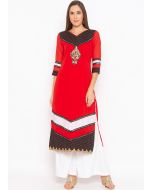 Red Embroidered Readymade Long Kurta Palazzo Set