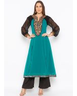 Green Embroidered Asymmetric Long Kurta With Pant