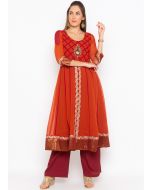 Orange and Maroon Twin Layered Flared Kurta Pant Set