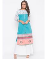 Readymade Turquoise Printed Border Kurta Palazzo Set