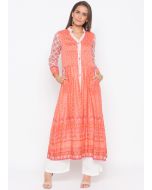 Orange Readymade Floral Printed Flared Kurta With Pant