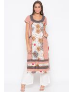 White and Peach Printed Paneled Long Kurta With Pant