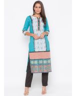 Turquoise and White Embroidered Paneled Kurta Pant Set