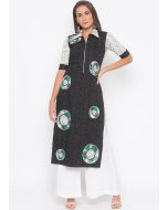 Black Printed Readymade Collared Kurta With Palazzo