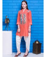 Readymade Orange Floral Embroidered Kurti With Pant