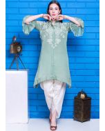 Green Readymade Bell Sleeved Embroidered Kurti Set