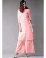 Peach Readymade Pin Tucks Kurta With Palazzo