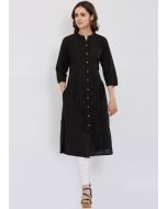 Black Readymade Rayon Buttoned Up Kurta Set