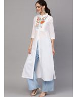 White Embroidered Slit Style Long Kurta Pant Set