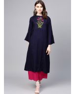 Navy Blue Embroidered Bell Sleeved Kurta Palazzo Set