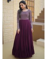 Purple Zari Embroidered Gown In Georgette