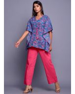 Blue Floral Block Printed Kaftan Top With Pant