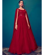 Red Embroidered Gown With Cape Style Sleeves