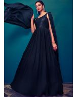 Navy Blue Embroidered Cape Style Flared Gown