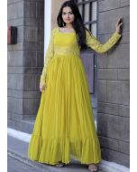 Yellow Embroidered Flared Gown In Georgette