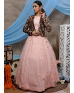 Peach Top Skirt Set With Sequins Embellished Jacket