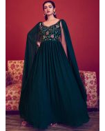 Teal Blue Embroidered Cape Sleeved Georgette Gown