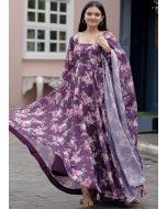 Purple Readymade Gown In Floral Print