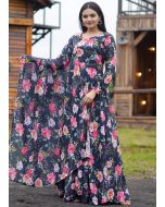 Blue Floral Printed Readymade Gown