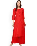 Red Straight Cut Readymade Long Kurta Palazzo Set