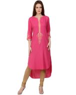 Readymade Pink Asymmetric Rayon Kurta Set