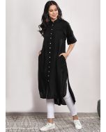 Black Readymade Rayon Front Slit Style Kurta Set