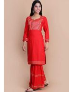 Red Gota Patti Embellished Long Kurta With Gharara