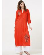 Orange Embroidered Front Slit Style Kurta Palazzo Set