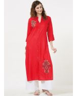 Red Embroidered Slit Style Long Kurta With Palazzo