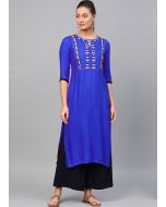 Readymade Blue Embroidered Long Kurta With Palazzo