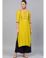 Yellow Readymade Embroidered Rayon Kurta Set