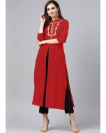 Readymade Red Slit Style Long Kurta With Pant