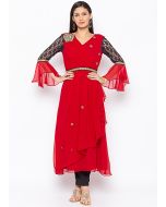 Red Asymmetric Twin Layered Bell Sleeved Kurta Set