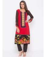 Red Readymade Floral Printed Border Kurta With Pant