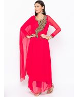 Red Asymmetric Readymade Embroidered Kurta Set