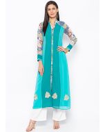 Turquoise Readymade Front Slit Kurta Palazzo Set