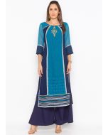 Blue Embroidered Paneled Long Kurta With Palazzo