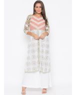 White and Peach Printed Layered Front Slit Kurta Set