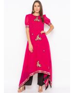 Pink Embroidered Asymmetric Puff Sleeved Kurta Set