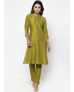 Readymade Green Cotton Silk Long Kurta With Pant