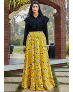 Black Ruffled Top With Floral Printed Long Skirt