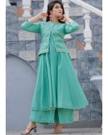 Turquoise Flared Kurta Set With Gota Patti Work Jacket